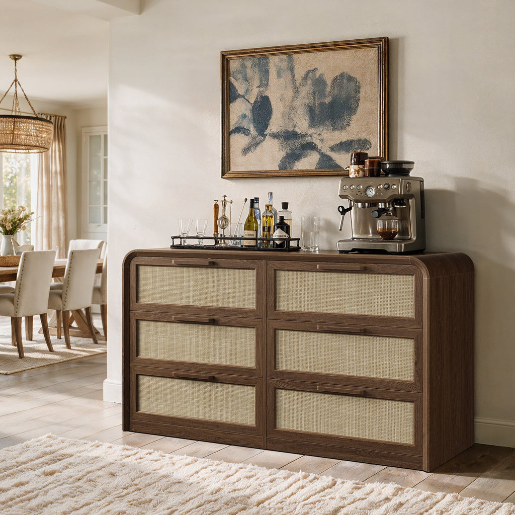 Vintagearth 6 Drawer Dresser for Bedroom, FSC‑Certified 1.18" Thick Wooden Curved Edge Chest of Drawers with Natural Rattan Drawer, Dark Oak