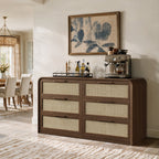 Vintagearth 6 Drawer Dresser for Bedroom, FSC‑Certified 1.18" Thick Wooden Curved Edge Chest of Drawers with Natural Rattan Drawer, Dark Oak