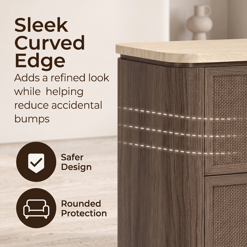 Vintagearth Nightstand Set of 2, 23.11" W Rattan Faux Marble Top Bedside Table, FSC-Certified 1.97" ThickWood End Table, 2 Drawer Storage, Dark Oak