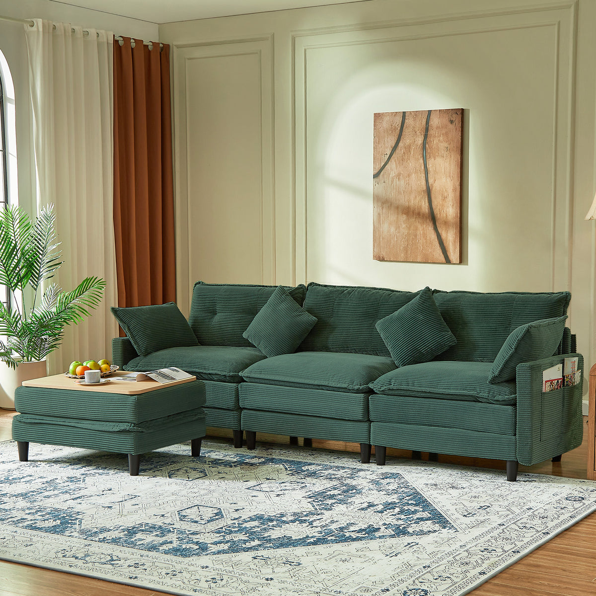Vintagearth 108'' Sectional Modular Sofa L Shaped Cloud Couch with 1 Ottomans & 4 Pillows Tool-free Easy Assembly for Living Room Apartment, Green