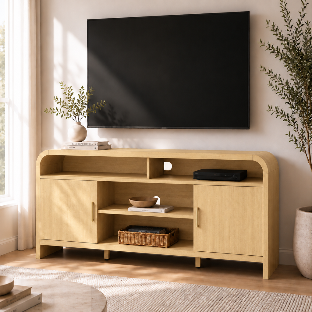 Vintagearth Modern Oak TV Stand for TVs up to 65", Curved Edge Entertainment Center with Storage Cabinets, Open Shelves, 1.22" FSC-Certified Thick Board, Golden Oak