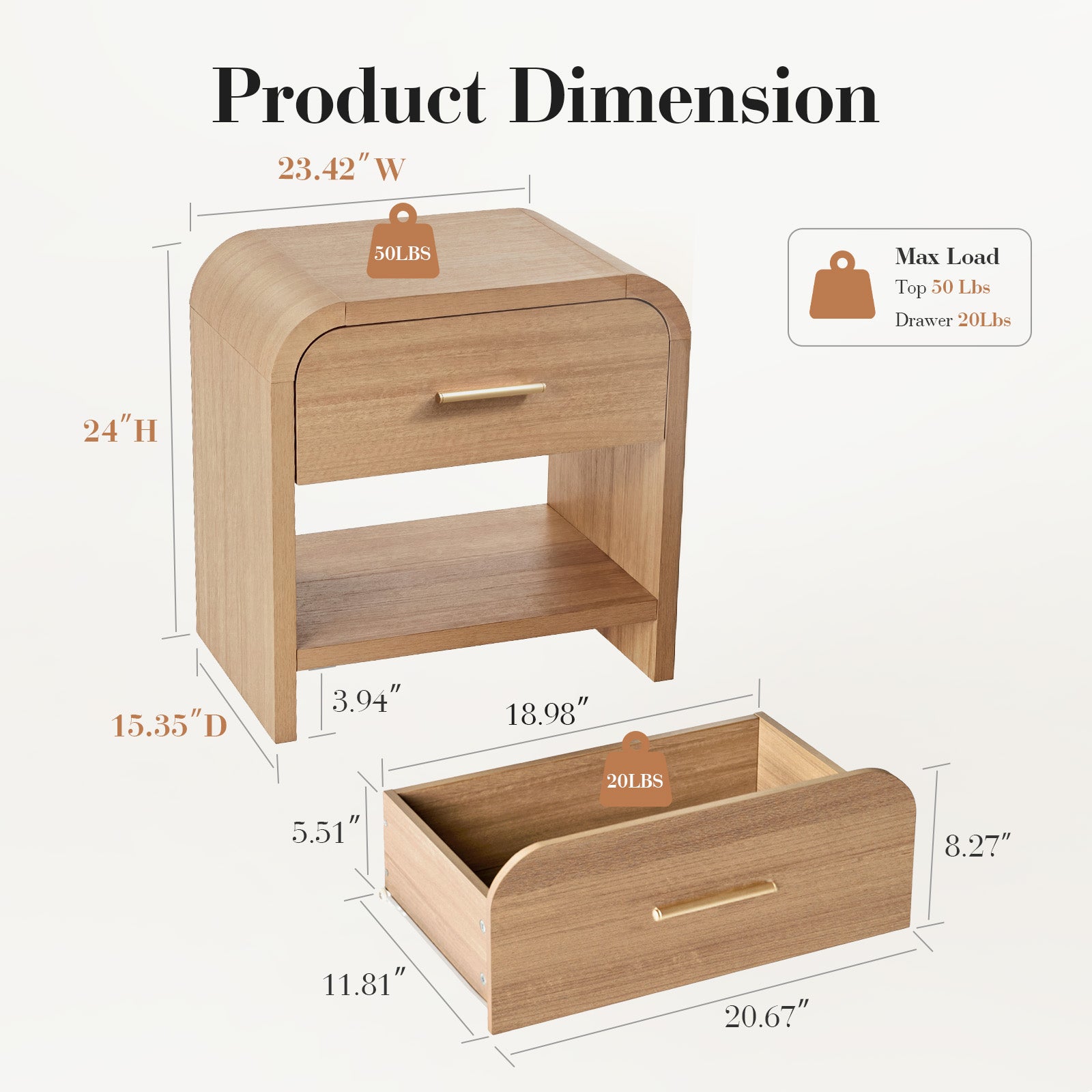 Vintagearth Nightstand Set of 2, 24" Tall Modern Bedside Table with 1.18" Thick FSC Certified Wood, 2 Drawer, Oak