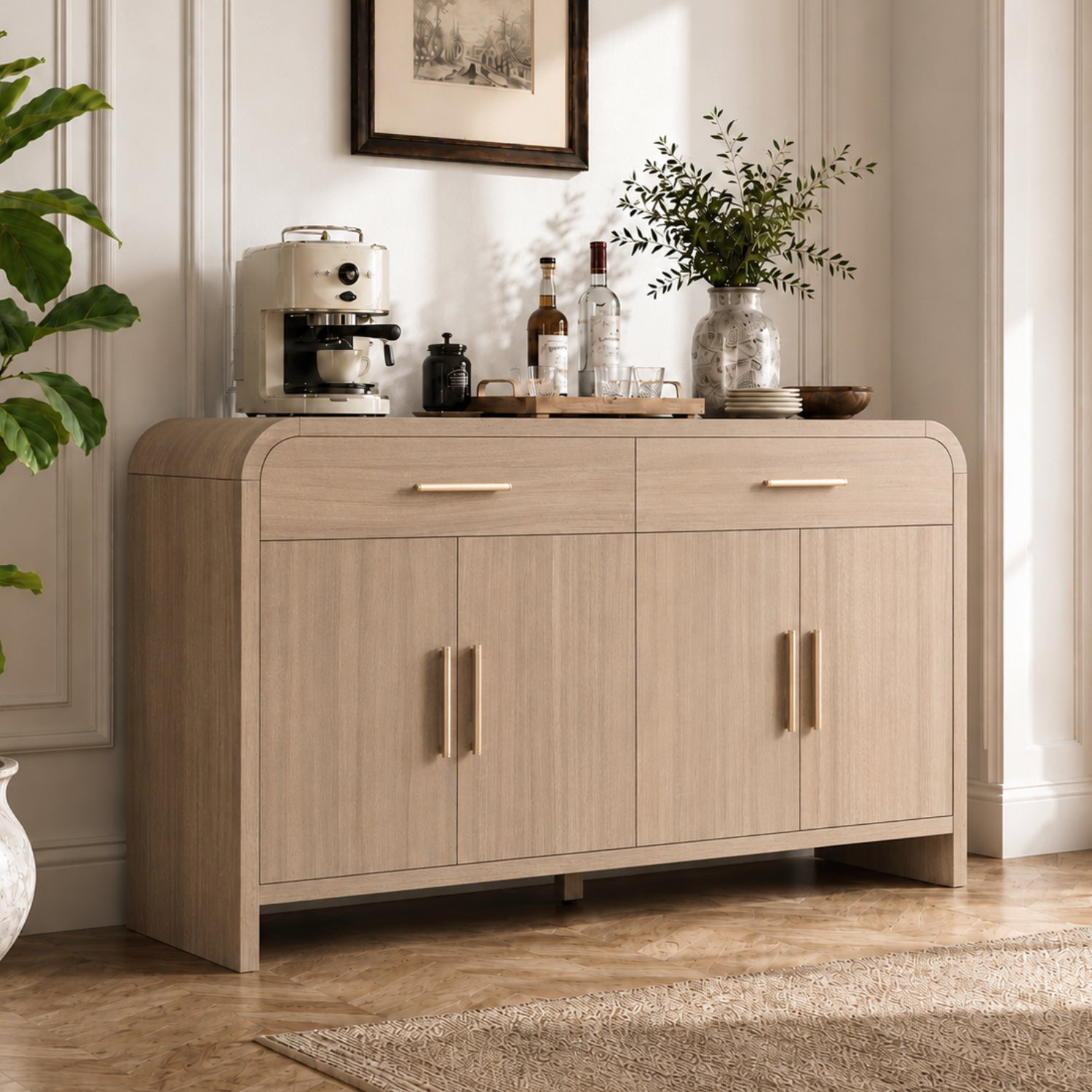 Vintagearth 60" Sideboard Buffet Cabinet with 2 Drawers & 4 Doors, Mid Century Storage Cabinet with Adjustable Shelves, Thick FSC-Certified Wood for Dining Room, Living Room & Entryway, Oak
