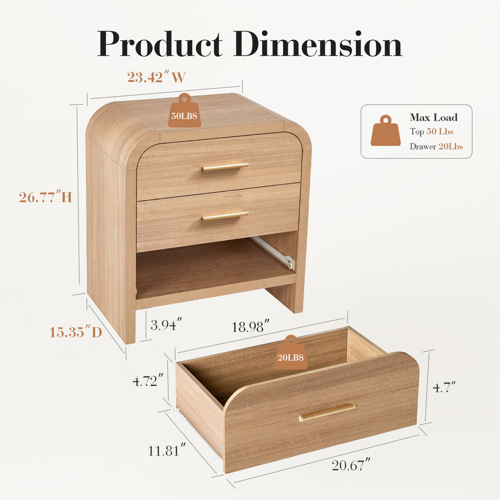 Vintagearth Nightstand Set of 2, 26.7" Tall Modern Bedside Table with 1.18" Thick FSC Certified Wood, 3 Drawer, Oak
