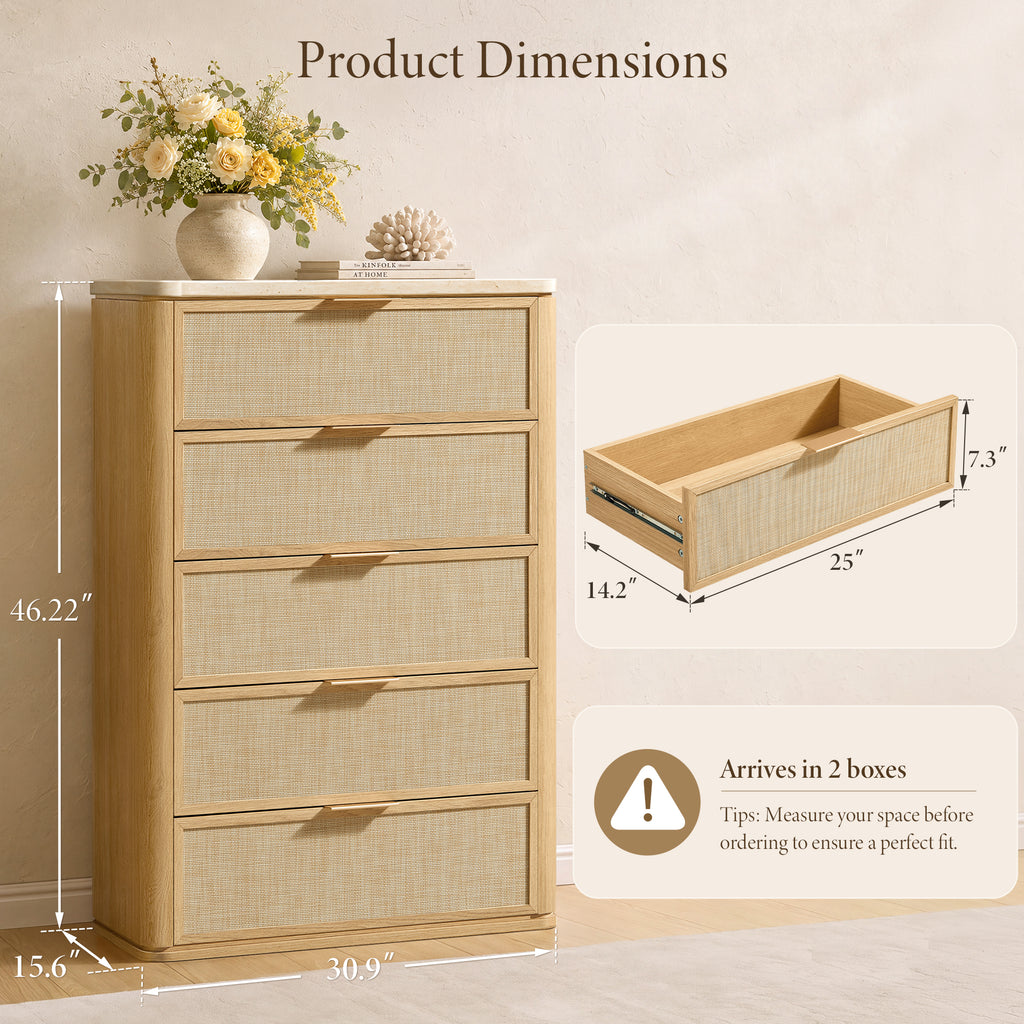 Vintagearth 5 Drawer Dresser for Bedroom, 46.2" Tall Chest of Drawers, 1.9" Thick Wood Rattan Fronts Faux Travertine Top, Natural Oak