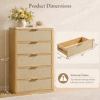 Vintagearth 5 Drawer Dresser for Bedroom, 46.2" Tall Chest of Drawers, 1.9" Thick Wood Rattan Fronts Faux Travertine Top, Natural Oak