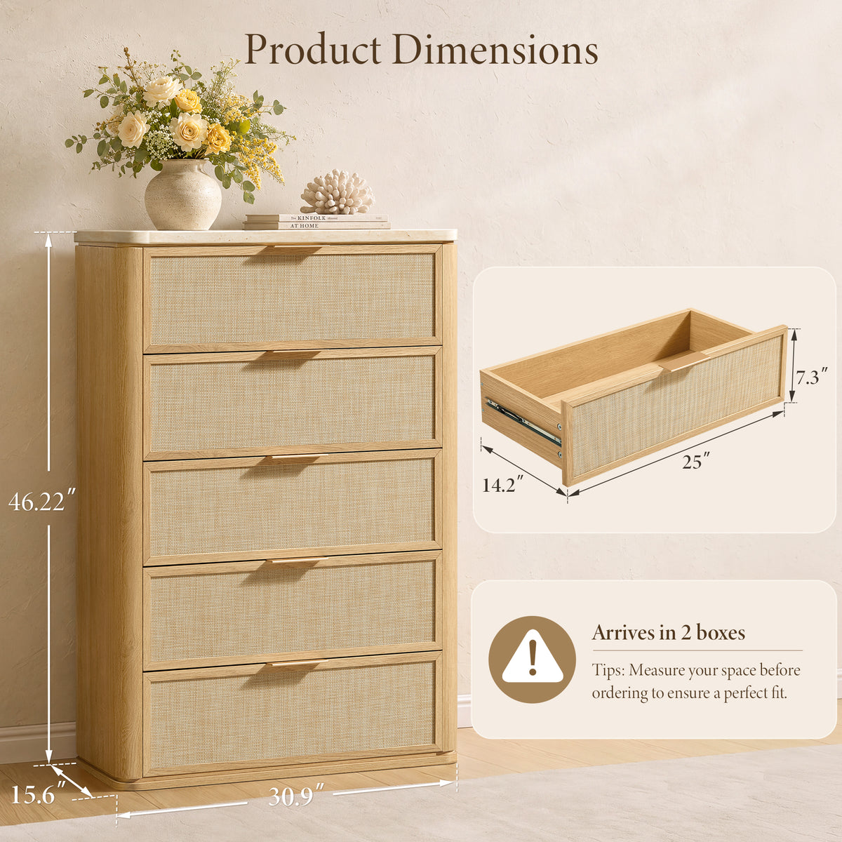 Vintagearth 5 Drawer Dresser for Bedroom, 46.2" Tall Chest of Drawers, 1.9" Thick Wood Rattan Fronts Faux Travertine Top, Natural Oak