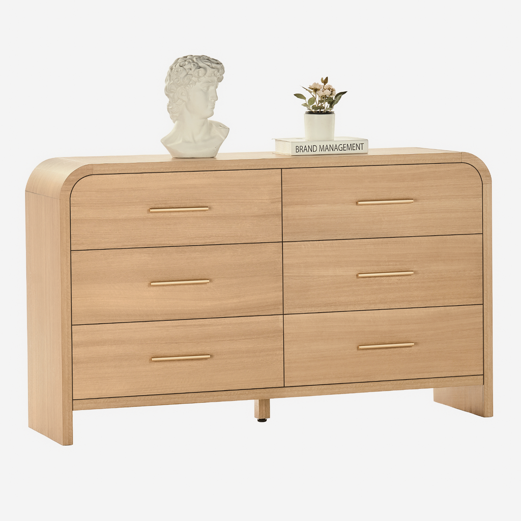 Vintagearth 6 Drawer Dresser for Bedroom, Curved 1.18" Thick FSC Certified Wood, Oak