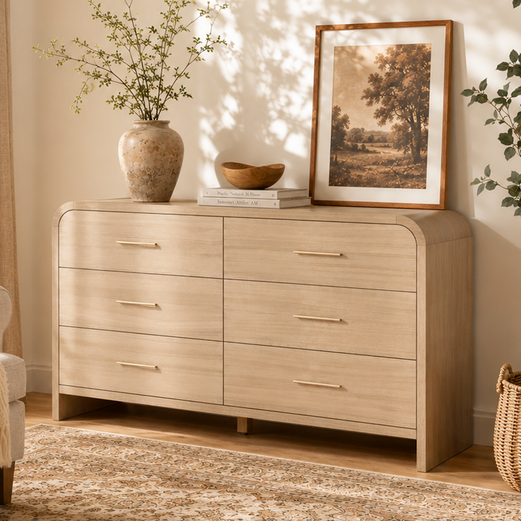 Vintagearth 6 Drawer Dresser for Bedroom, Curved 1.18" Thick FSC Certified Wood, Oak