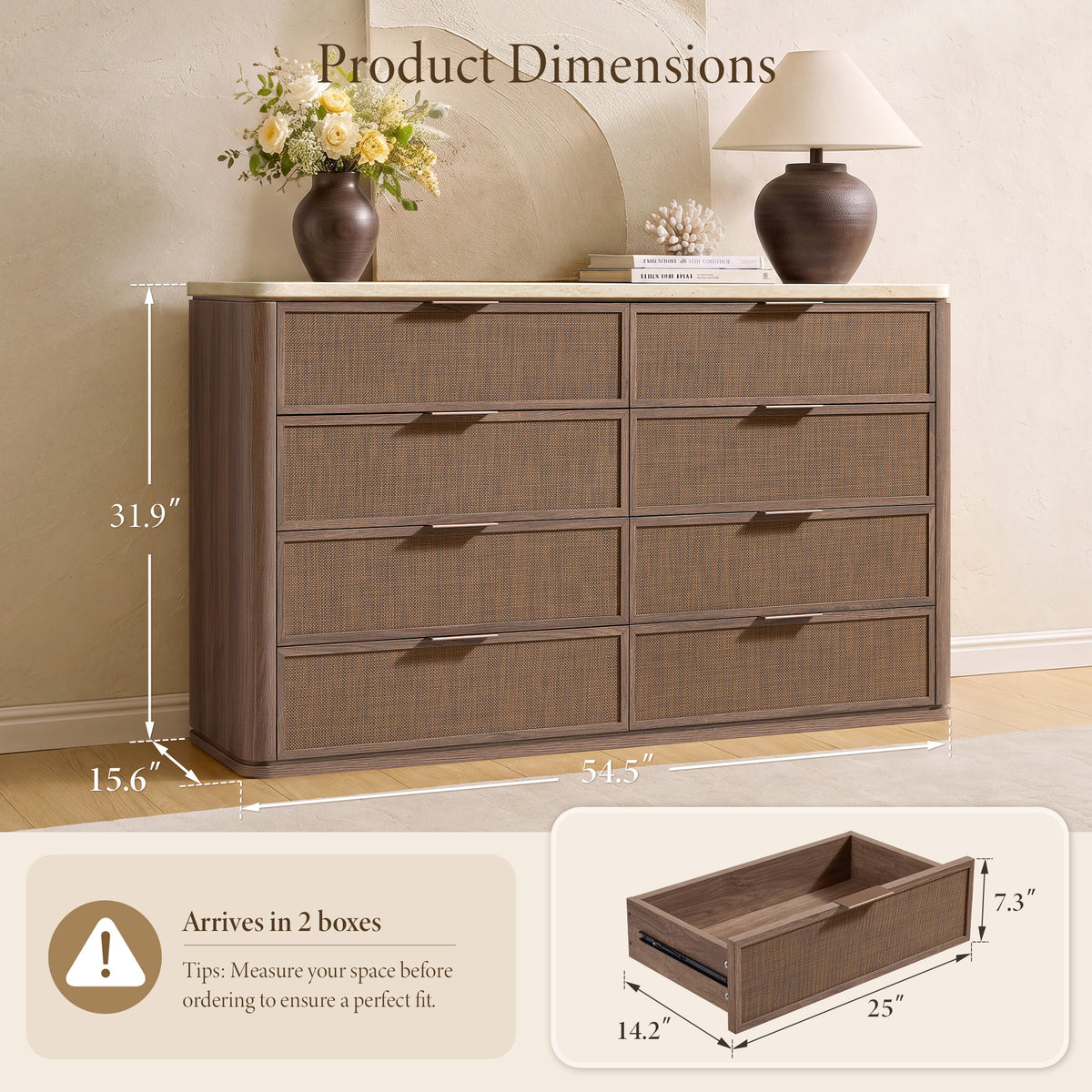 Vintagearth 8 Drawer Dresser for Bedroom, Rattan Fronts Faux Travertine Top 54.5" Wide Chest of Drawers, FSC-Certified Thick Wood, Dark Oak