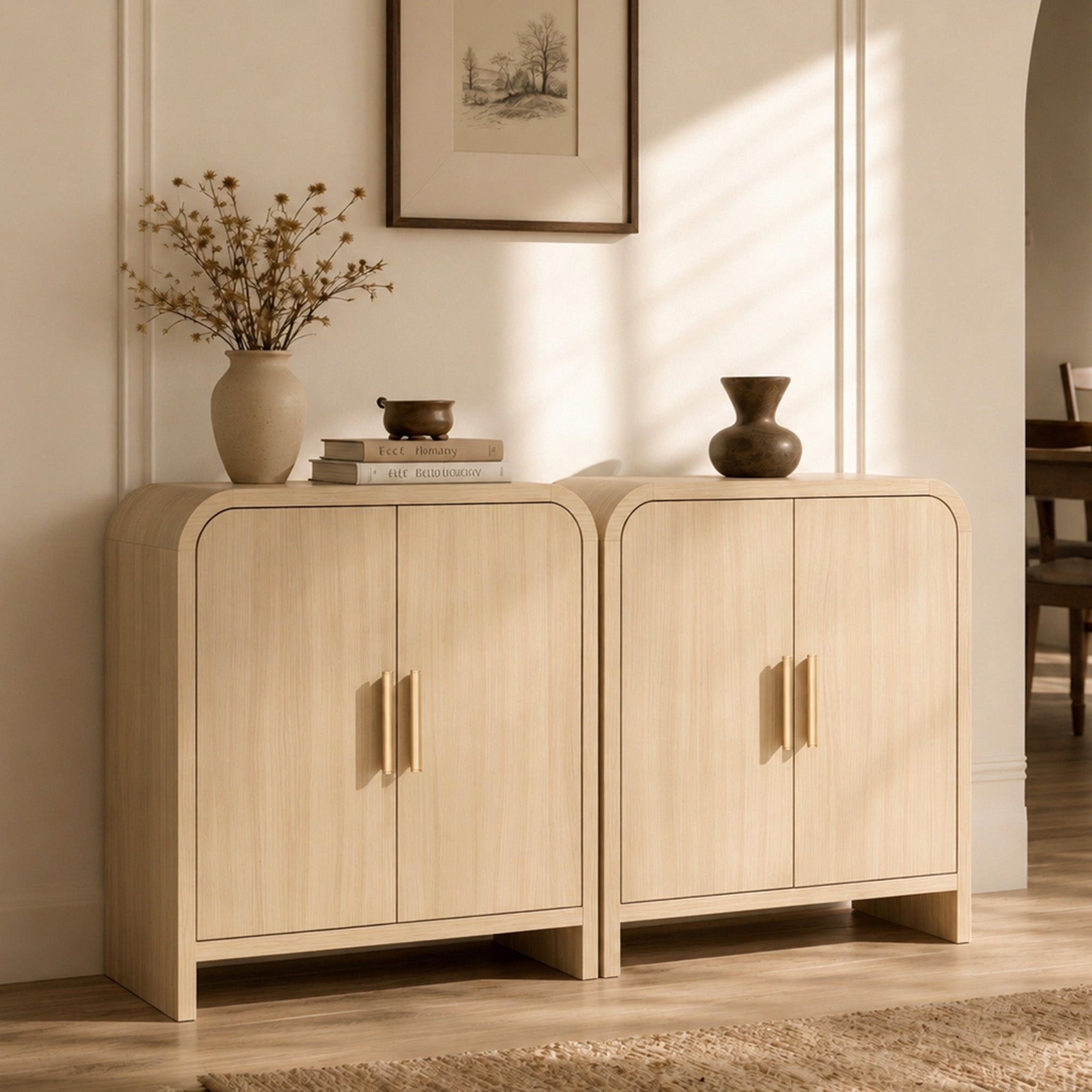 Vintagearth 33.4" Sideboard Buffet Cabinet with 2 Door, 1.18" Thick FSC-Certified Wood Storage Cabinet with Adjustable Shelf for Kitchen, Living Room, Entryway, Oak, 2 pc