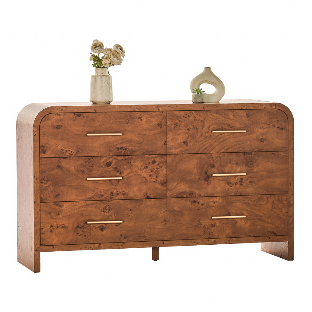 Vintagearth 6 Drawer Dresser for Bedroom, Curved 1.18" Thick FSC Certified Wood, Dark Burl