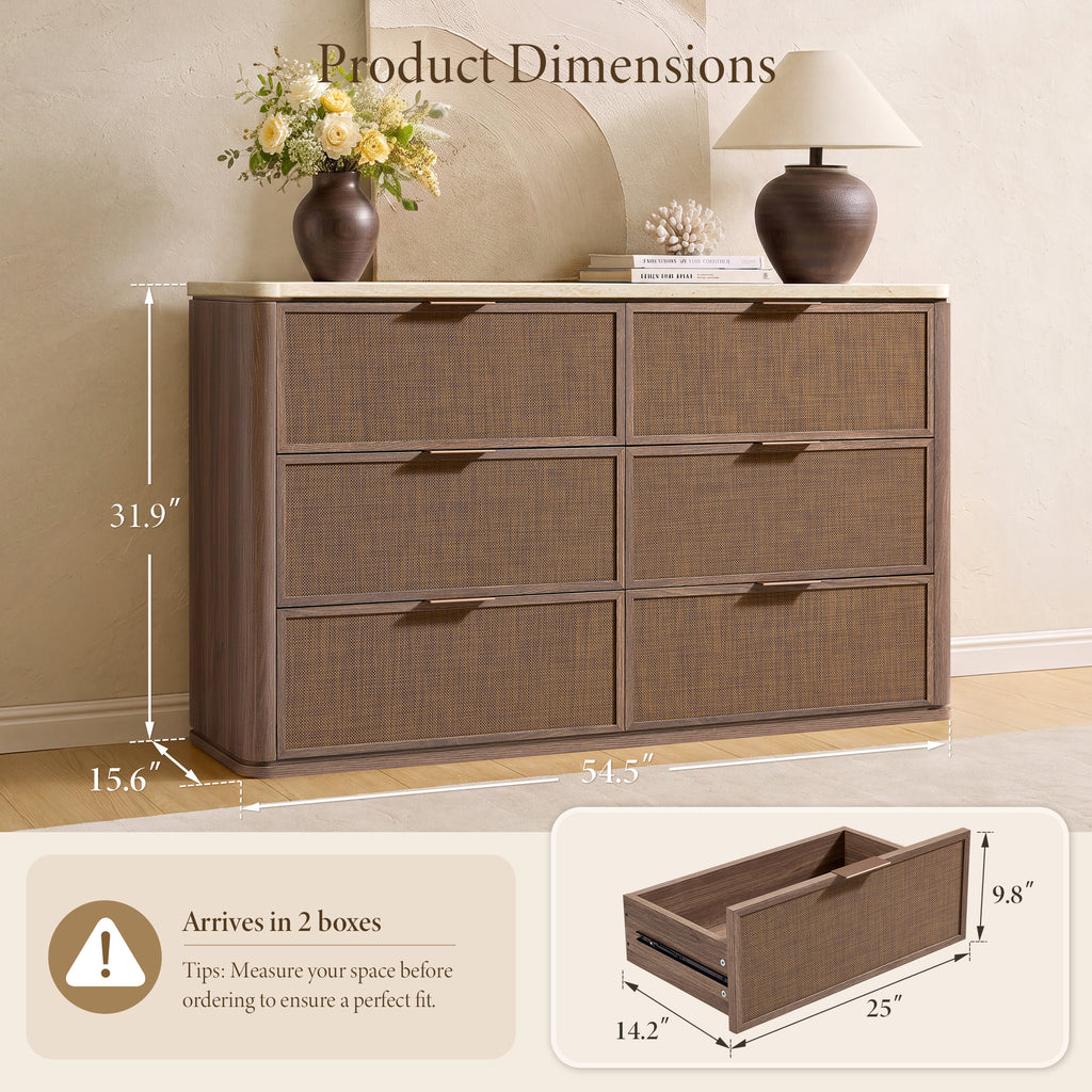 Vintagearth 6 Drawer Dresser for Bedroom, Rattan Fronts Faux Travertine Top 54.5" Wide Chest of Drawers, FSC-Certified Thick Wood, Dark Oak