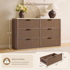 Vintagearth 6 Drawer Dresser for Bedroom, Rattan Fronts Faux Travertine Top 54.5" Wide Chest of Drawers, FSC-Certified Thick Wood, Dark Oak