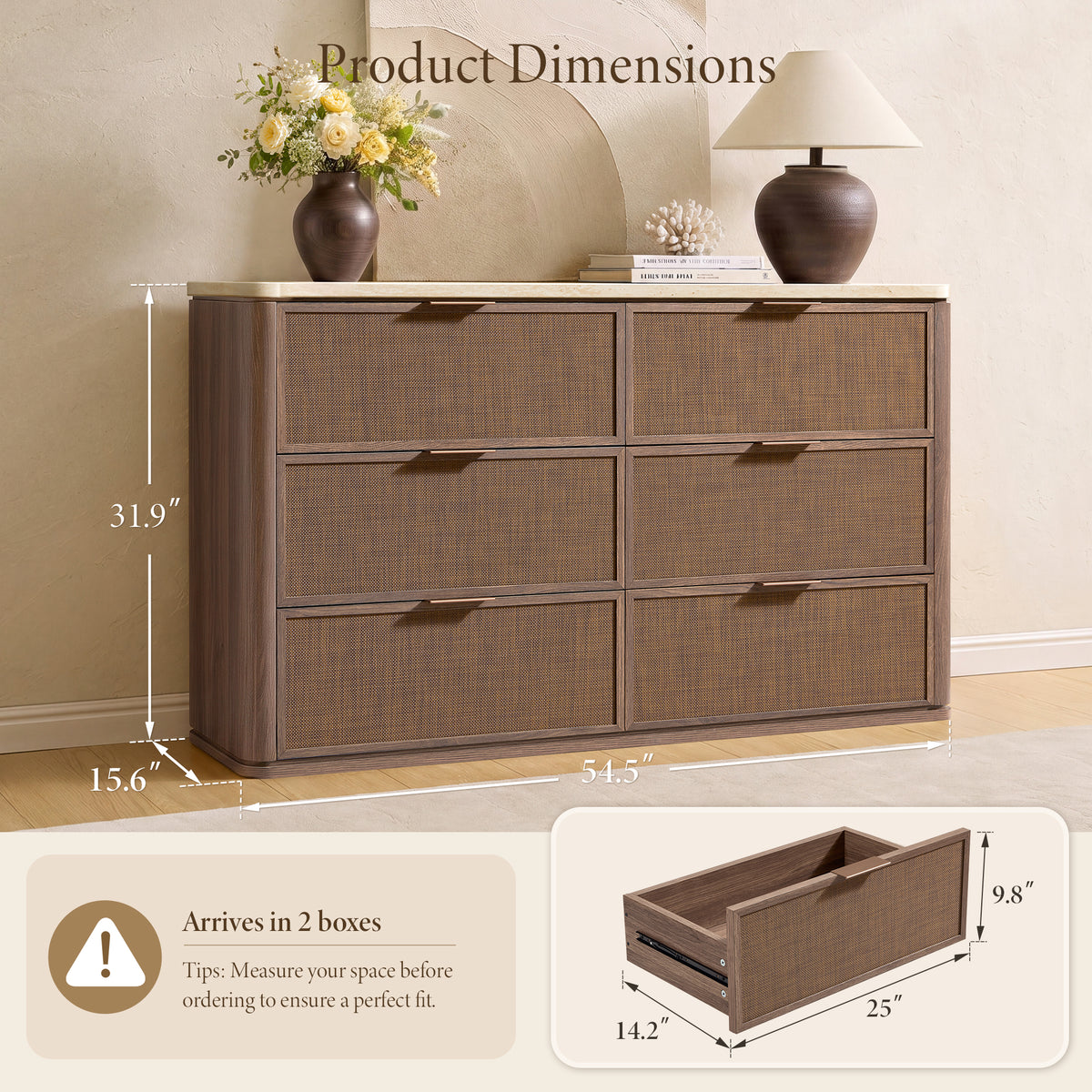 Vintagearth 6 Drawer Dresser for Bedroom, Rattan Fronts Faux Travertine Top 54.5" Wide Chest of Drawers, FSC-Certified Thick Wood, Dark Oak