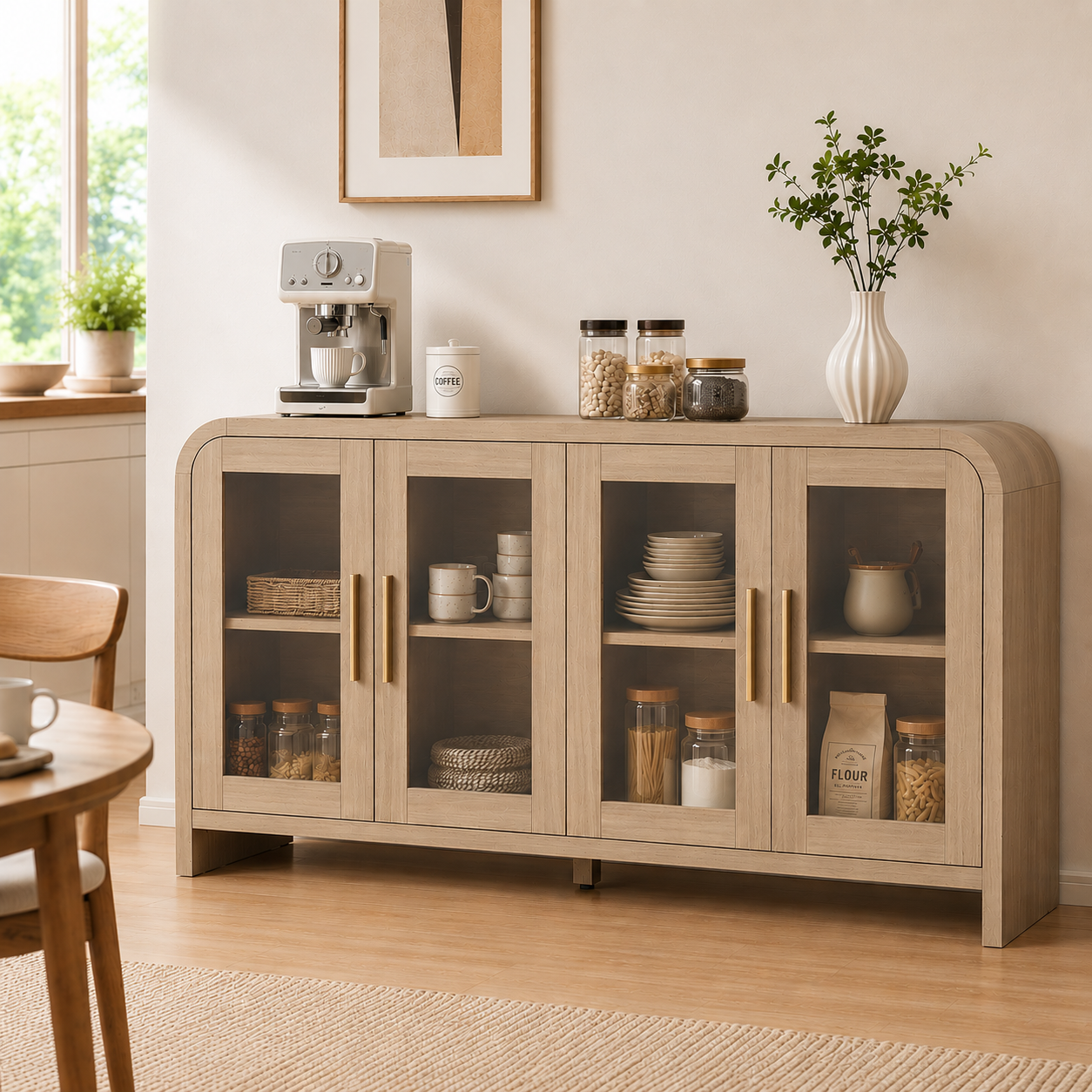 Vintagearth 60" Sideboard Buffet Cabinet with 4 Tempered Glass Doors, Adjustable Shelves, FSC-Certified Wood Storage Cabinet for Dining Room, Living Room, Entryway, Oak