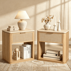 Vintagearth Nightstand Set of 2, 23.11" W Boho Rattan Faux Marble Top Bedside Table, FSC-Certified 1.97" Thick Wood End Table, 1 Drawer & 1 Open Storage Shelf, Natural Oak