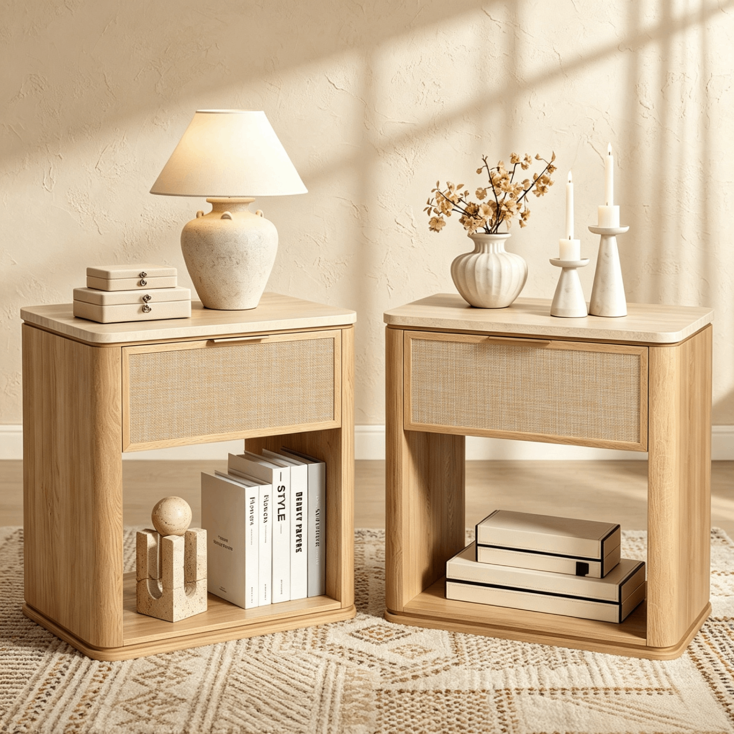 Vintagearth Nightstand Set of 2, 23.11" W Boho Rattan Faux Marble Top Bedside Table, FSC-Certified 1.97" Thick Wood End Table, 1 Drawer & 1 Open Storage Shelf, Natural Oak