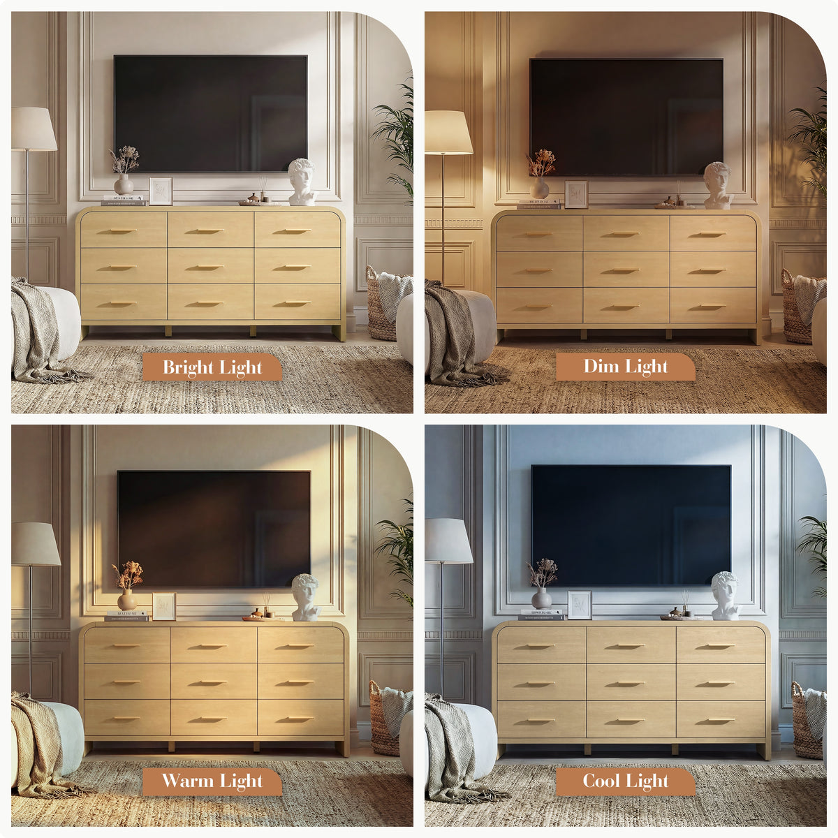 Vintagearth 9 Drawers Dresser for Bedroom, Curved FSC-certified Wood 1.18" Thick Board Dressers & Chests of Drawers for Living Room, Hallway, Entryway, Golden Oak