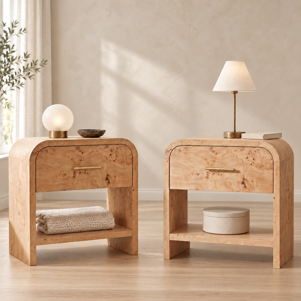 Vintagearth Nightstand Set of 2, 24" Tall Modern Bedside Table with 1.18" Thick FSC Certified Wood, 1 Drawer & 1 Open Storage Shelf, Light Burl