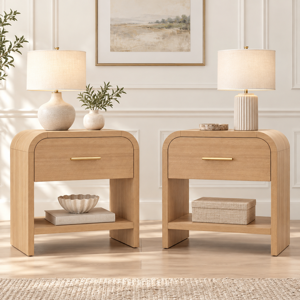 Vintagearth Nightstand Set of 2, 24" Tall Modern Bedside Table with 1.18" Thick FSC Certified Wood, 1 Drawer & 1 Open Storage Shelf, Oak