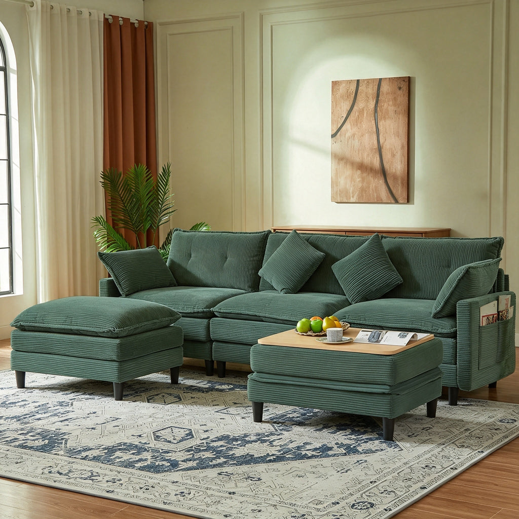 Vintagearth 108'' Modular Sectional Sofa U Shaped Cloud Couch with 2 Ottomans & 4 Pillows, Tool-free Easy Assembly for Living Room Apartment, Green