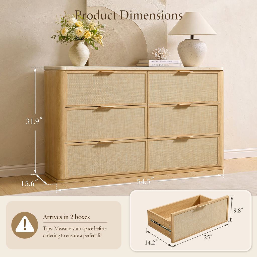 Vintagearth 6 Drawer Dresser for Bedroom, Rattan Fronts Faux Travertine Top 54.5" Wide Chest of Drawers, FSC-Certified Thick Wood, Natural Oak