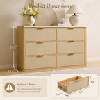 Vintagearth 6 Drawer Dresser for Bedroom, Rattan Fronts Faux Travertine Top 54.5" Wide Chest of Drawers, FSC-Certified Thick Wood, Natural Oak