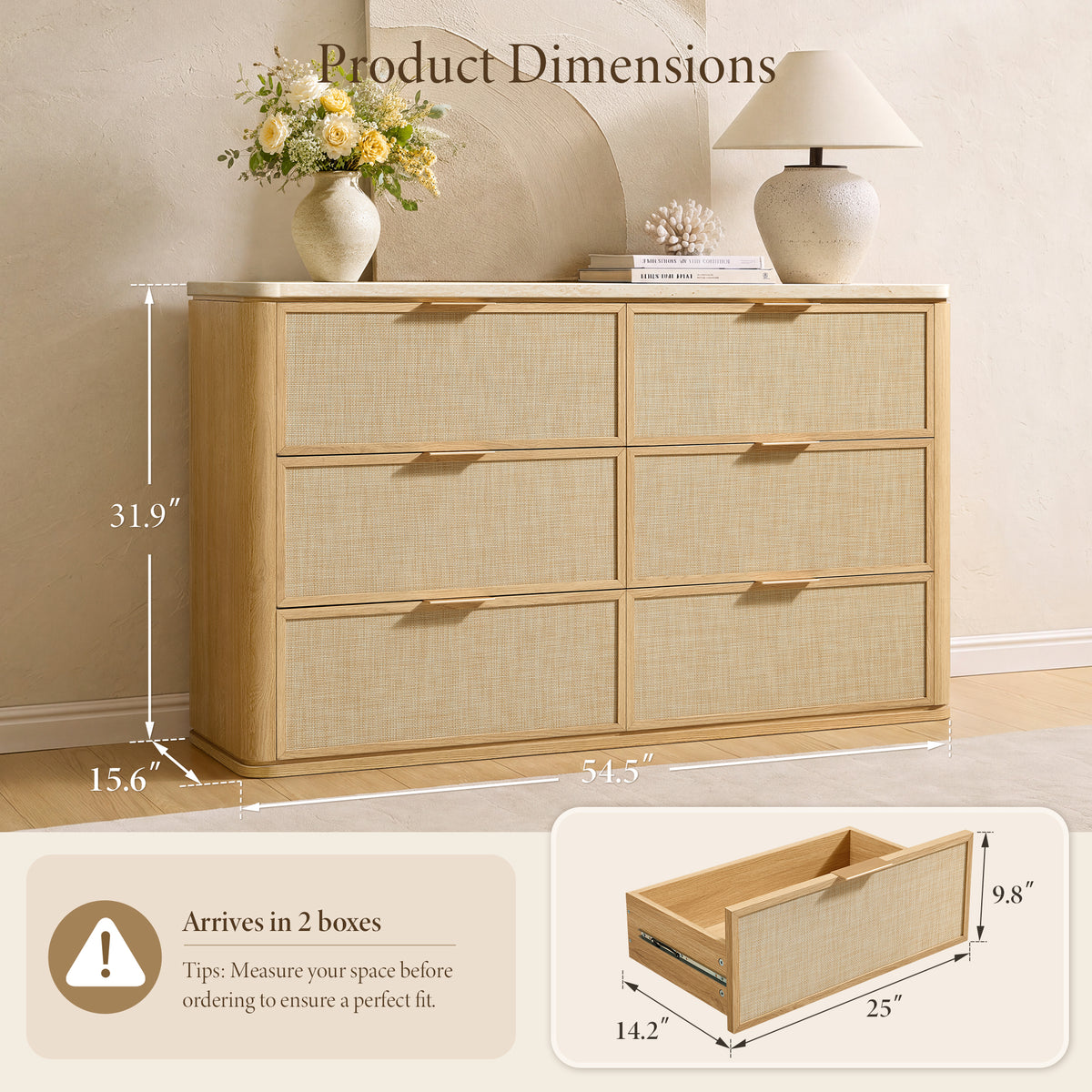 Vintagearth 6 Drawer Dresser for Bedroom, Rattan Fronts Faux Travertine Top 54.5" Wide Chest of Drawers, FSC-Certified Thick Wood, Natural Oak