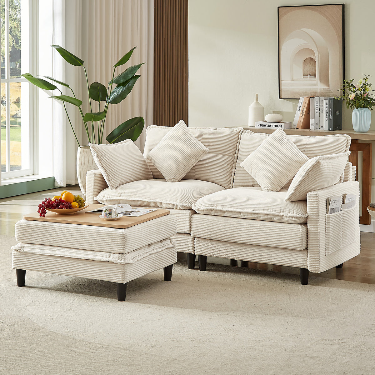 Vintagearth 73.5'' Sectional Modular Sofa Cloud Couch with 1 Ottomans & 4 Pillows Tool-free Easy Assembly for Living Room Apartment, Beige