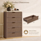 Vintagearth 5 Drawer Dresser for Bedroom, 46.2" Tall Chest of Drawers, 1.9" Thick Wood Rattan Fronts Faux Travertine Top, Dark Oak