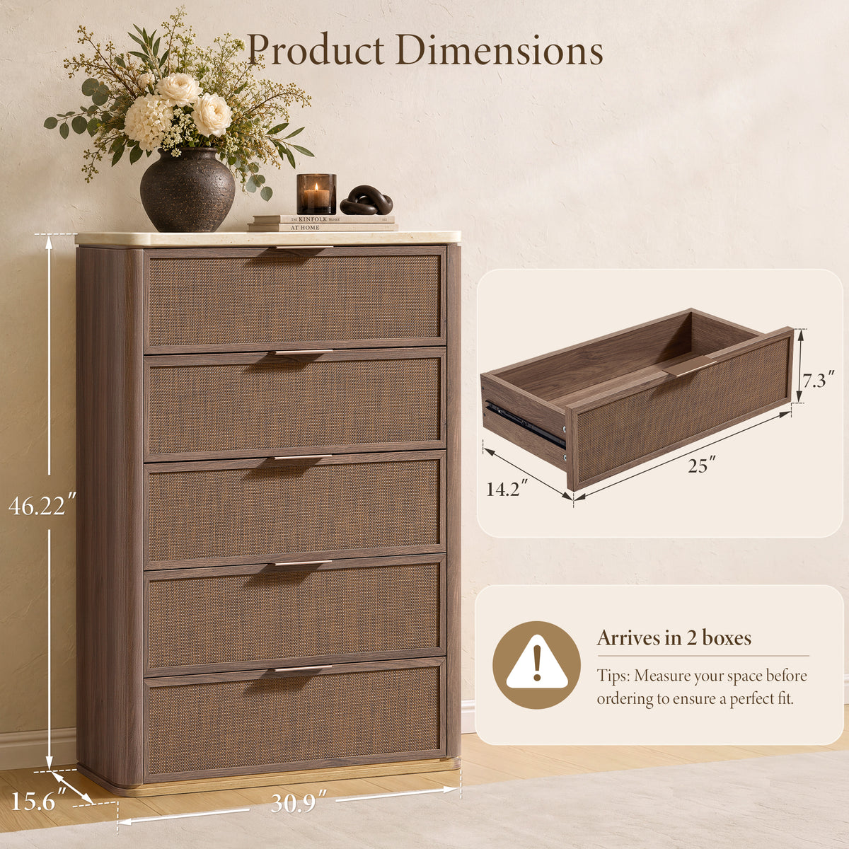 Vintagearth 5 Drawer Dresser for Bedroom, 46.2" Tall Chest of Drawers, 1.9" Thick Wood Rattan Fronts Faux Travertine Top, Dark Oak