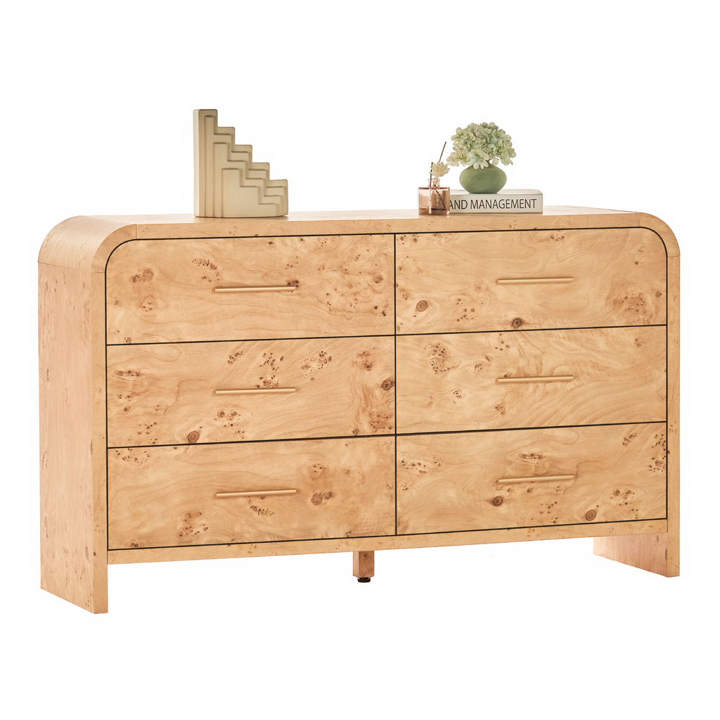Vintagearth 6 Drawer Dresser for Bedroom, Curved 1.18" Thick FSC Certified Wood, Light Burl