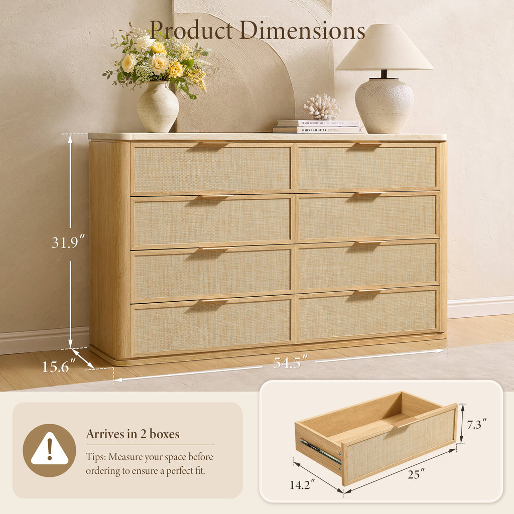 Vintagearth 8 Drawer Dresser for Bedroom, Rattan Fronts Faux Travertine Top 54.5" Wide Chest of Drawers, FSC-Certified Thick Wood, Natural Oak