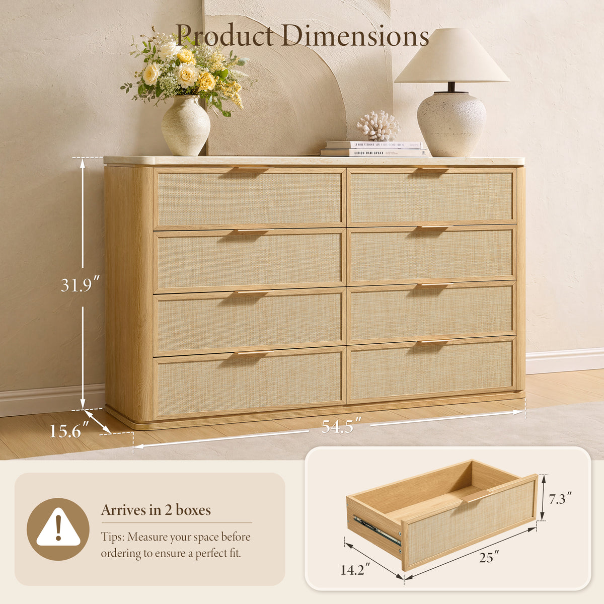 Vintagearth 8 Drawer Dresser for Bedroom, Rattan Fronts Faux Travertine Top 54.5" Wide Chest of Drawers, FSC-Certified Thick Wood, Natural Oak