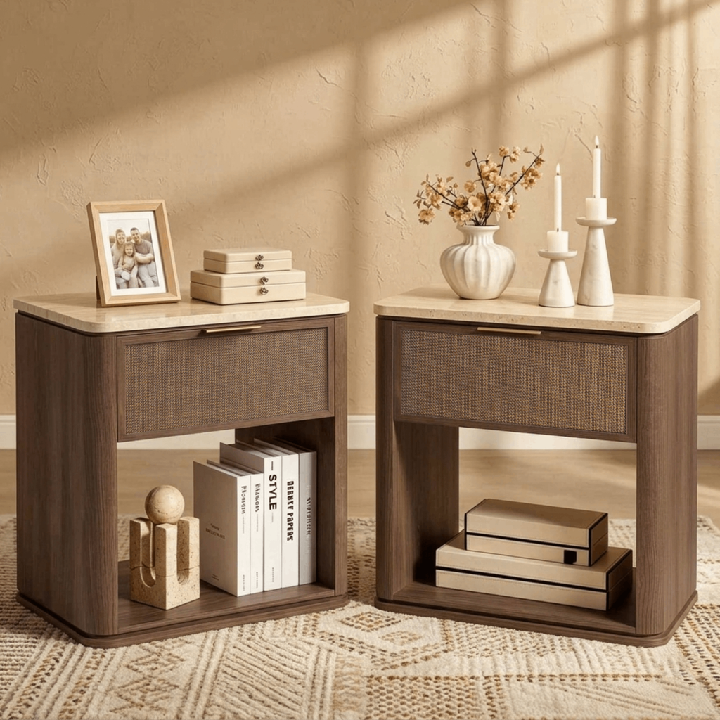Vintagearth Nightstand Set of 2, 23.11" W Boho Rattan Faux Marble Top Bedside Table, FSC-Certified 1.97" Thick Wood End Table, 1 Drawer & 1 Open Storage Shelf, Dark Oak