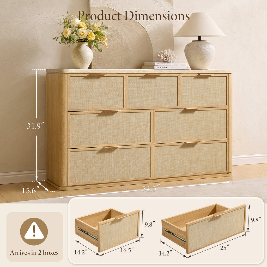 Vintagearth 7 Drawer Dresser for Bedroom, Rattan Fronts Faux Travertine Top, 1.97" Thick Stable Wooden Chest of Drawers, Natural Oak