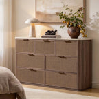 Vintagearth 7 Drawer Dresser for Bedroom, Rattan Fronts Faux Travertine Top, 1.97" Thick Stable Wooden Chest of Drawers, Dark Oak