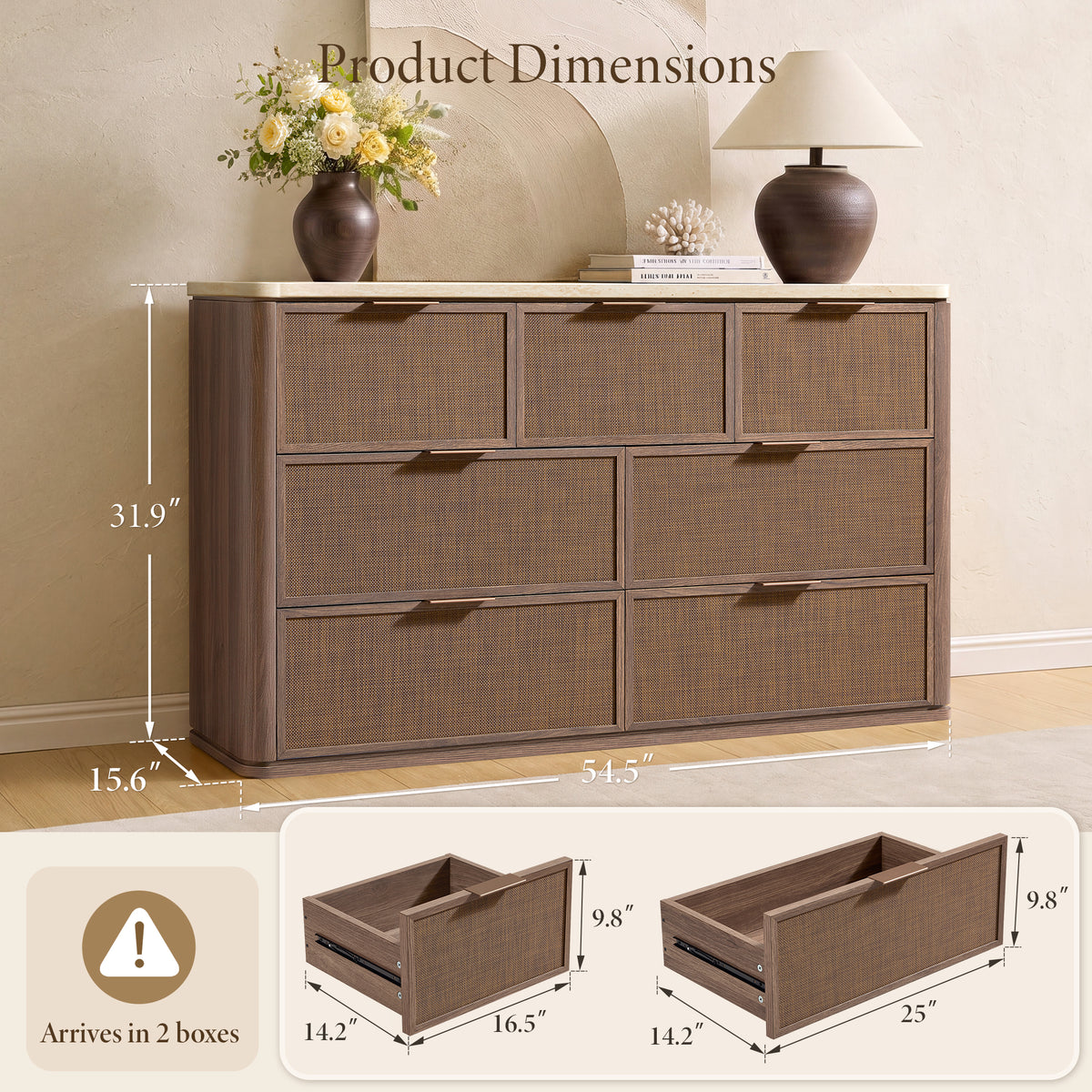 Vintagearth 7 Drawer Dresser for Bedroom, Rattan Fronts Faux Travertine Top, 1.97" Thick Stable Wooden Chest of Drawers, Dark Oak
