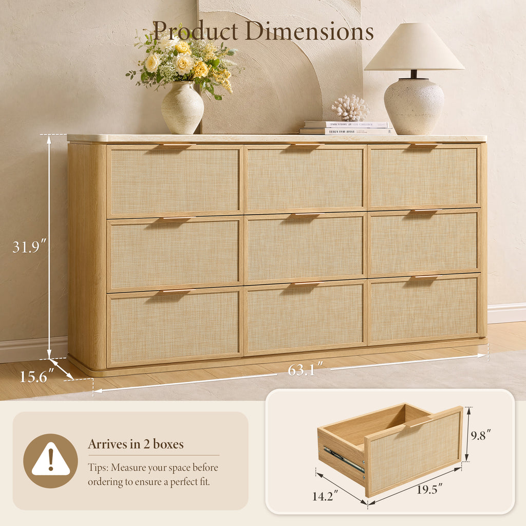 Vintagearth 9 Drawer Dresser for Bedroom, Rattan Fronts Faux Travertine Top 63.1" Wide Chest of Drawers, FSC-Certified Thick Wood, Natural Oak