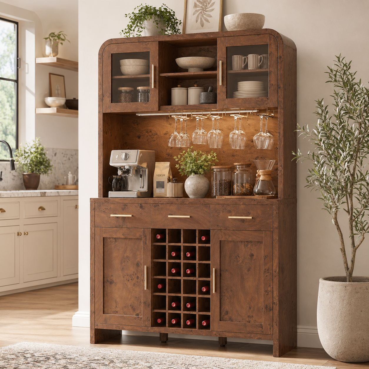Vintagearth 77" Tall Kitchen Pantry Cabinet with Charging Station & LED Lights, 24-Bottle Wine Rack Coffee Bar Cabinet for Home Dining Room Kitchen, Dark Burl