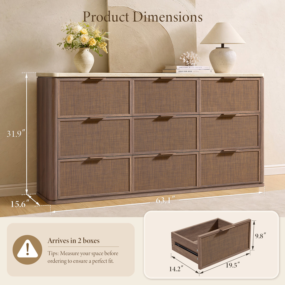 Vintagearth 9 Drawer Dresser for Bedroom, Rattan Fronts Faux Travertine Top 63.1" Wide Chest of Drawers, FSC-Certified Thick Wood, Dark Oak