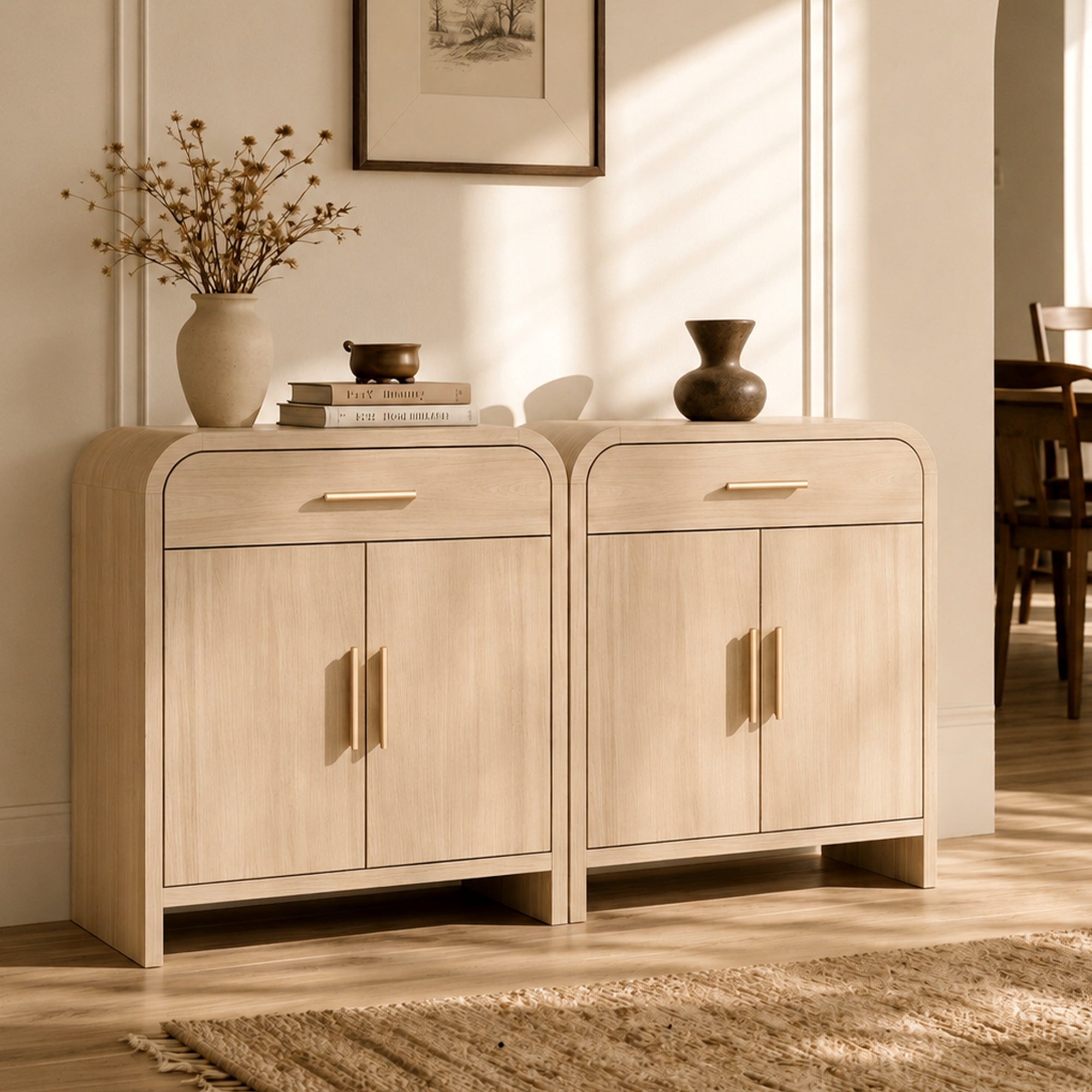 Vintagearth 31.3" Sideboard Buffet Cabinet with Storage, 1.18" Thick FSC-Certified Wood Curved Storage Cabinet with 2 Doors & 1 Drawer, Adjustable Shelf for Kitchen, Dining Room, Living Room, Entryway, Oak, 2 pc