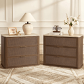 Vintagearth Nightstand Set of 2, 30.71" W Boho Rattan Faux Marble Top Bedside Table, FSC-Certified 1.97" Thick Wood End Table, 3 Drawer Storage, Dark Oak