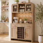 Vintagearth 77" Tall Kitchen Pantry Cabinet with Charging Station & LED Lights, 24-Bottle Wine Rack Coffee Bar Cabinet for Home Dining Room Kitchen, Oak