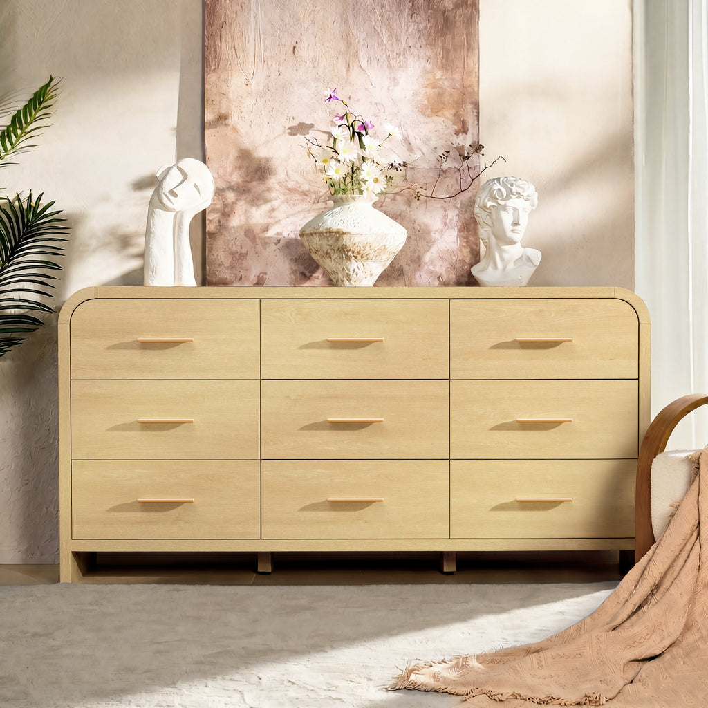 Vintagearth 9 Drawers Dresser for Bedroom, Curved FSC-certified Wood 1.18" Thick Board Dressers & Chests of Drawers for Living Room, Hallway, Entryway, Golden Oak