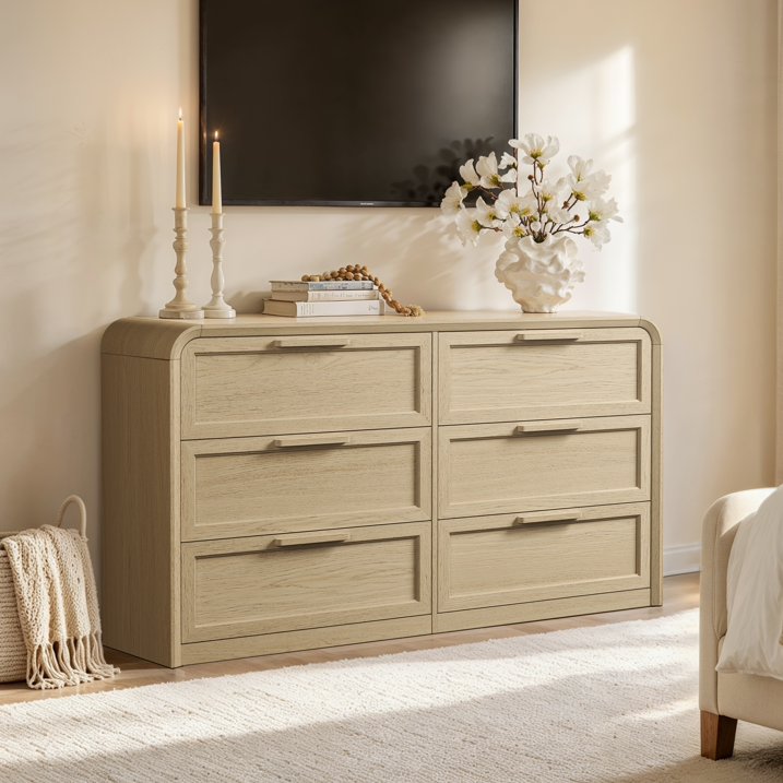 Vintagearth 6 Drawer Dresser for Bedroom, FSC‑Certified 1.18" Thick Wooden Curved Edge Chest of Drawers, Light Oak