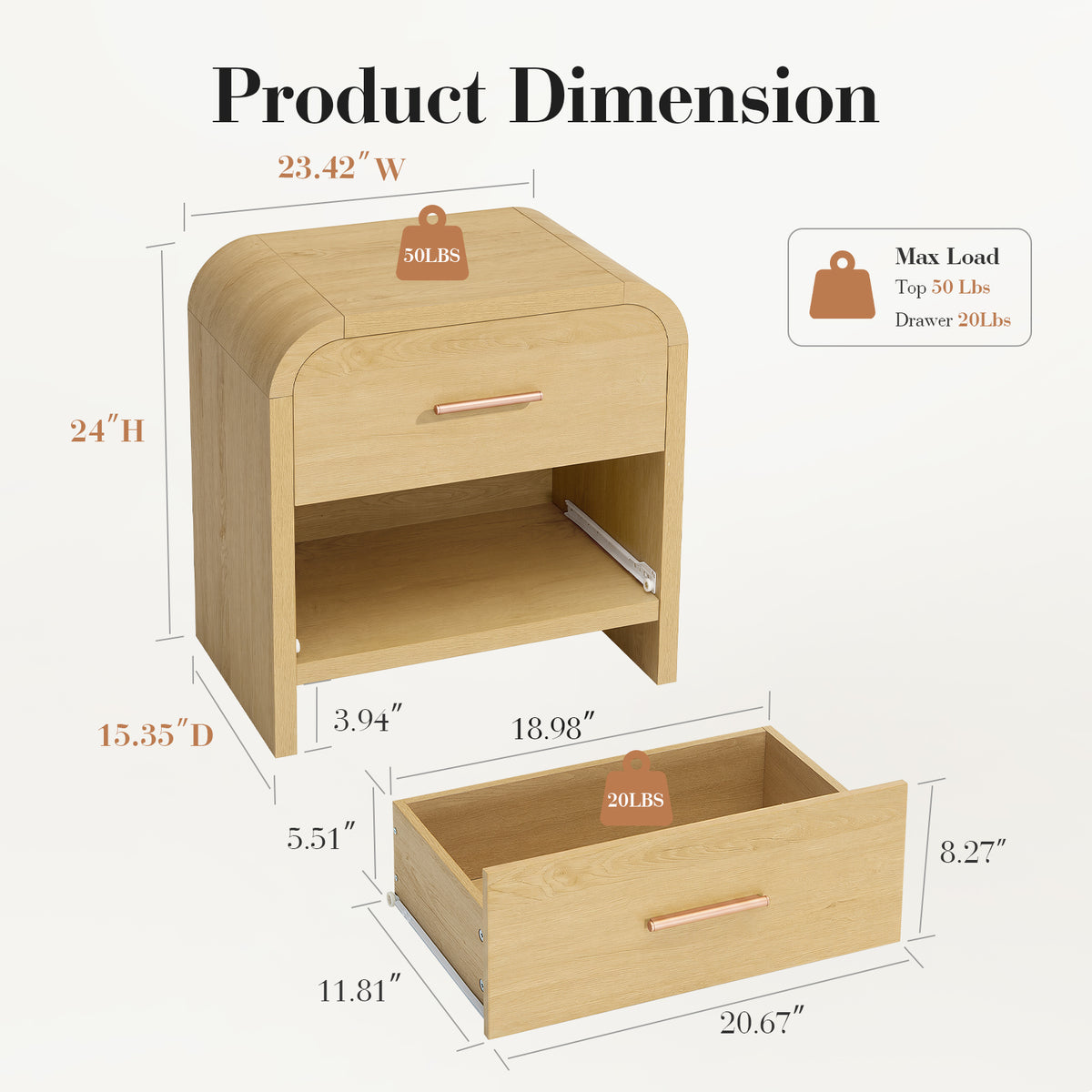 Vintagearth Nightstand 23.42" Wide Modern Curved Bedside Table, FSC-Certified Wood End Table, 2 Drawer Storage, Natural Oak
