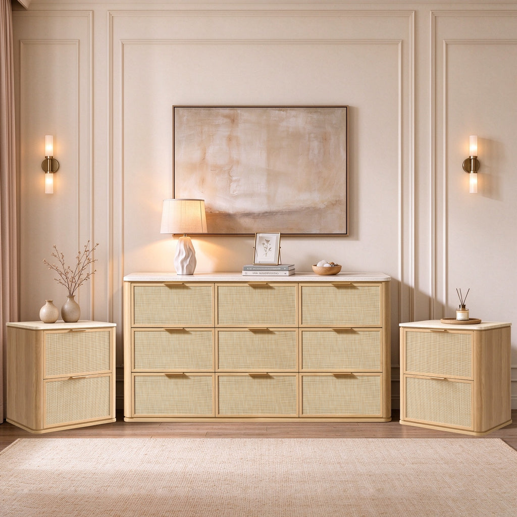 Vintagearth 3 Piece Dresser and Nightstand Set for Bedroom, Rattan 9-Drawer Dresser, 2-Drawer Nightstand Set of 2, Boho Bedroom Furniture Set, Natural Oak