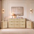 Vintagearth 3 Piece Dresser and Nightstand Set for Bedroom, Rattan 9-Drawer Dresser, 2-Drawer Nightstand Set of 2, Boho Bedroom Furniture Set, Natural Oak
